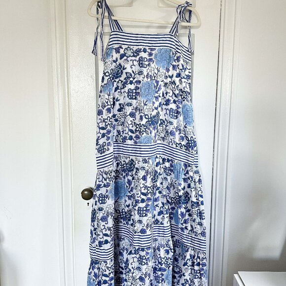 Madison Mathews Maxi Tier Print Dress - Blue White Floral and Stripes - Size L - Picture 2 of 4